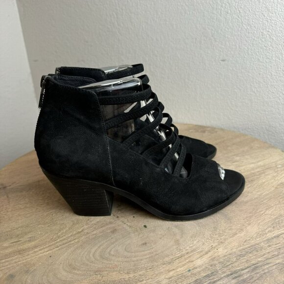 Eileen Fisher James Black Suede‎ Heeled Sandals Peep Toe Strappy Back Zip 8.5 - Picture 3 of 11